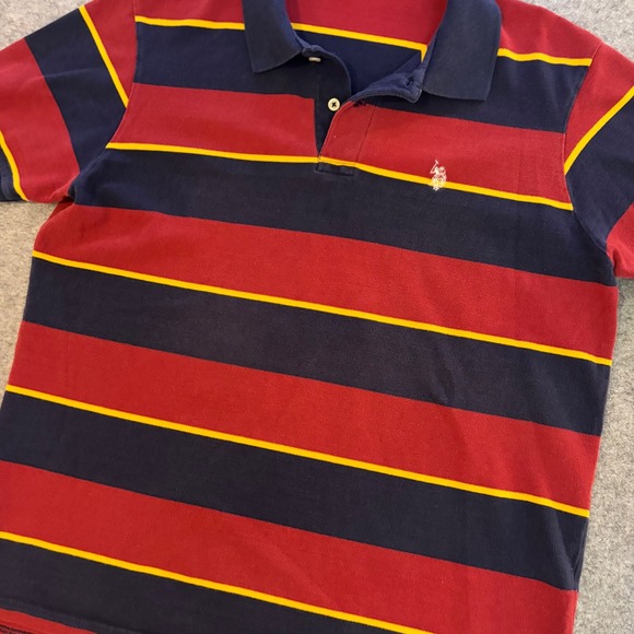 US Polo Assn Mens XL Polo Shirt Red Navy Blue Yellow Striped Short Sleeve - Picture 3 of 8